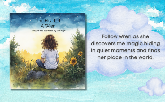 Book cover of 'The Heart of A Wren' with a girl sitting in nature and text about the book's content.