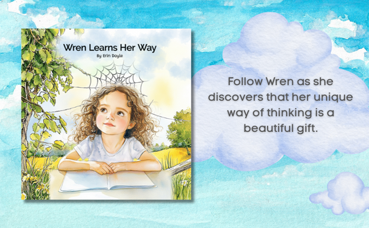 Book cover of 'Wren Learns Her Way' with a child and spider web illustration on a blue sky background.