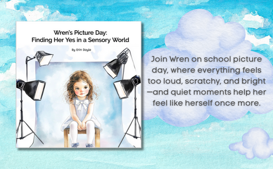 Book cover of 'Wren's Picture Day: Finding Her Yes in a Sensory World' with a child in a photo studio setting.