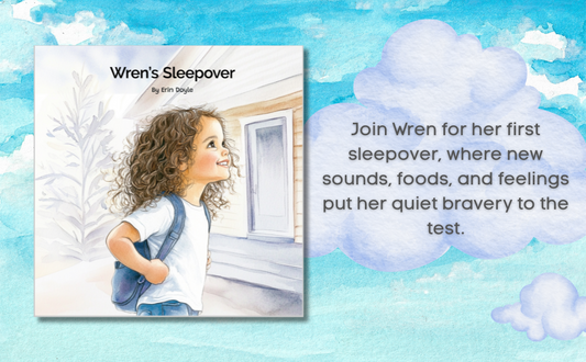 Book cover of 'Wren's Sleepover' with a child looking out a window against a blue sky with clouds.