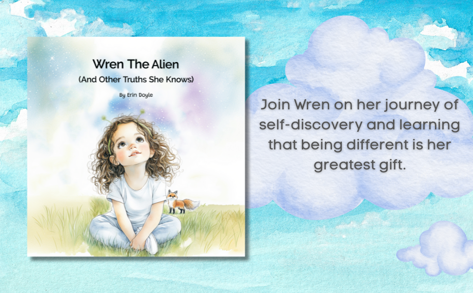 Book cover of 'Wren the Alien' with a child sitting on grass and clouds in the background