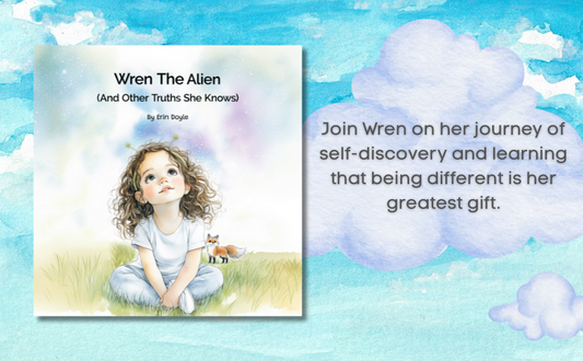 Book cover of 'Wren the Alien' with a child sitting on grass and clouds in the background