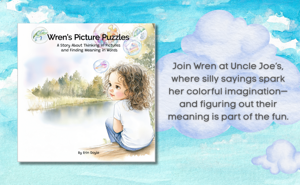Book cover of 'Wren's Picture Puzzles' with a child sitting by a lake on a blue sky background.
