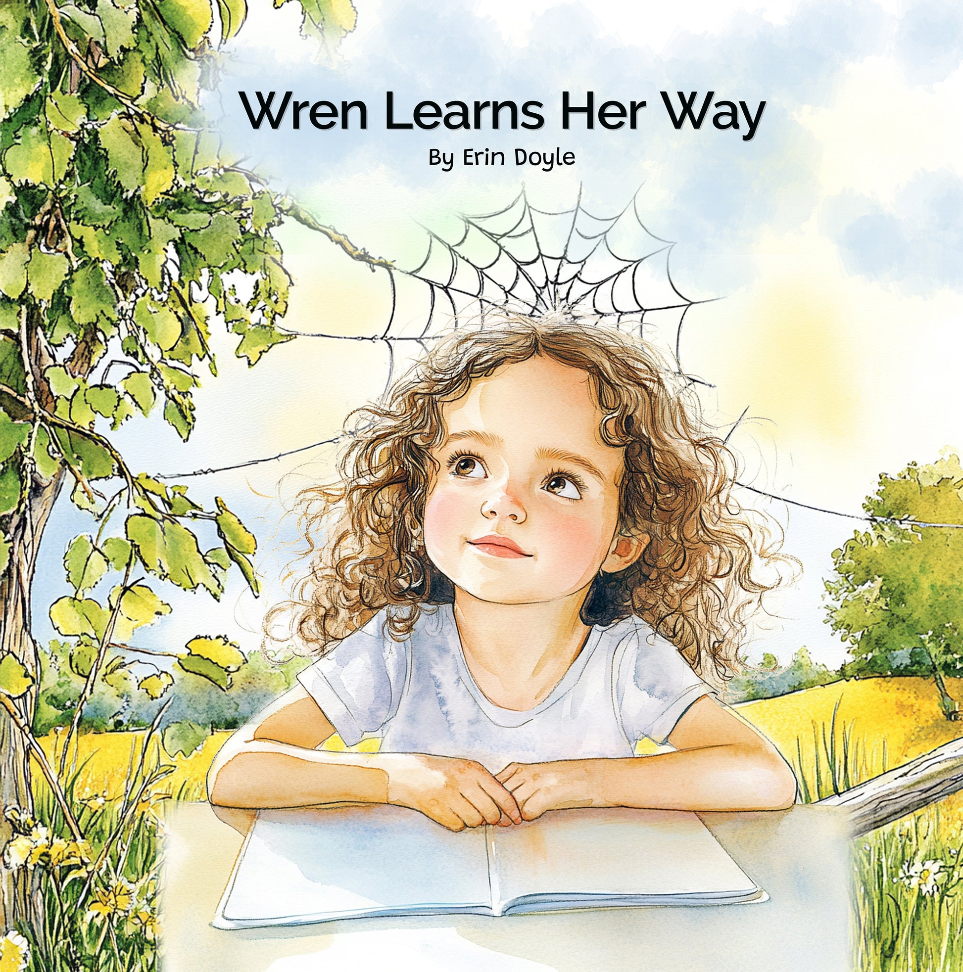 Book cover of 'Wren Learns Her Way' by Erin Doyle, featuring a young girl with curly hair sitting outdoors.
