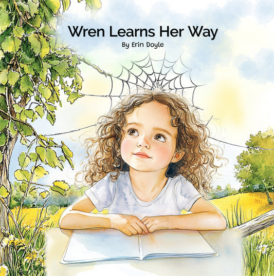Book cover of 'Wren Learns Her Way' by Erin Doyle, featuring a young girl with curly hair sitting outdoors.