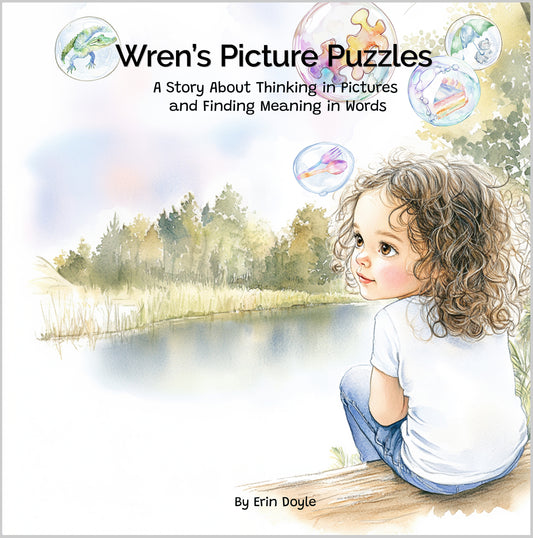 Book cover of 'Wren's Picture Puzzles' with a child by a lake and nature-themed design.