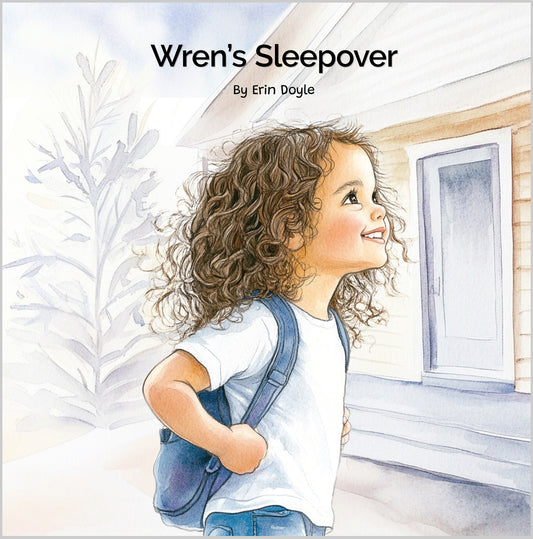 Book cover of 'Wren's Sleepover' by Erin Doyle with a illustration of a girl with a backpack.