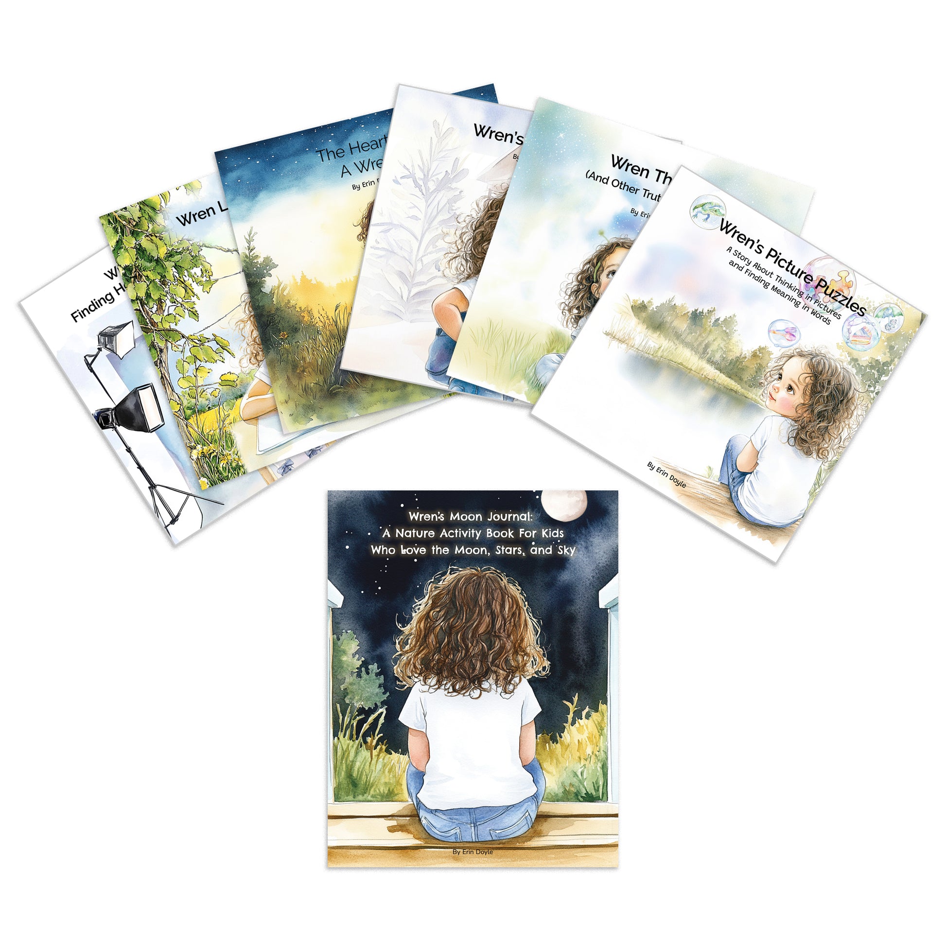 Collection of children's books with illustrations of a child and nature on a white background