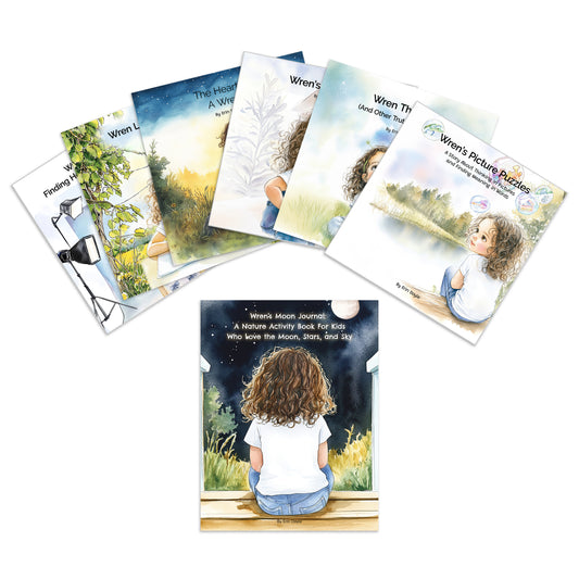 Collection of children's books with illustrations of a child and nature on a white background